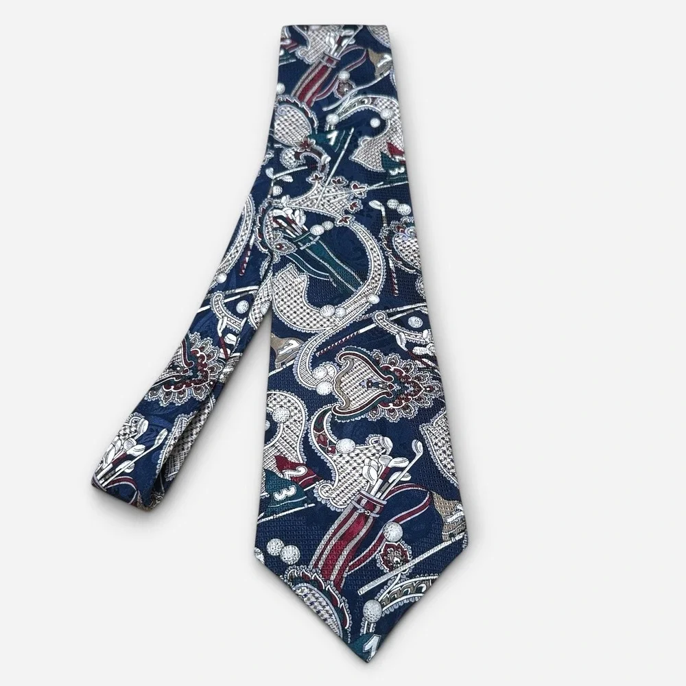 Hunt Club Mens Silk Tie Navy Blue Golf Paisley Clubs Flags Sports Necktie